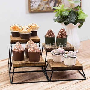 Modern Minimalist Wooden <b>Shelf</b> Square Solid Wood Wrought Iron Base <b>Desktop</b> Storage Organization Display Stand - Product Image 2