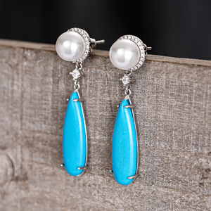 Orecchini Pendenti Vintage Stile Turchese con Perle Finte per Donne, Gioielli Eleganti e alla Moda - Product Image 6