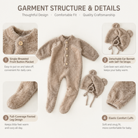 Ensemble grenouillère bébé ours en peluche douillette à manches longues avec chaussons intégrés, catégorie A, unisexe, nouveau-né, nourrisson, tout-petit, avec bonnet ours