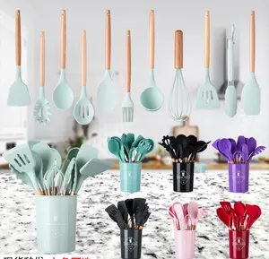 12 Stück Silikon Küchen utensilien Set Werkzeug mit Holzgriff Turner Zange Spatel Löffel
