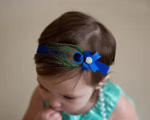 1 Pcs Kids Headband Peacock Feather Rhinestone Princess Elastic Hairband Newborn Girls Bow Headdress Hair Bands Accessories