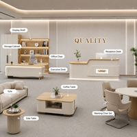 Comptoir de réception moderne et minimaliste en crème avec LED intégrées, logo personnalisé, comptoir avant avec armoire de rangement pour bureau, salon de beauté