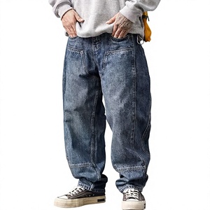 <b>Mens</b> Loose Fit Wide Leg Medium Wash Blue Jeans Casual Seam Detail Denim Pants Classic Retro Streetwear Straight 100% Cotton - Product Image 2