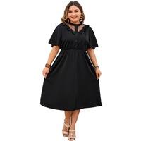 Robe noire à col en dentelle taille plus, robe midi élégante à coupe trapèze pour femmes, tenue décontractée pour les fêtes d'été