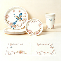 Kit de Vaisselle Jetable de Luxe à Motifs Floraux et d'Oiseaux, Assiettes, Gobelets, Serviettes et Couverts en Papier Écologique 100% Pâte de Bois Vierge