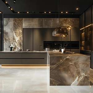 Diseño de Gabinetes de Cocina Modulares de Melamina con Textura de Madera Oscura en Forma de L y U, Diseño Moderno sin Tiradores - Product Image 4