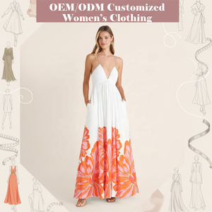 Vestido largo maxi bohemio personalizado para <span class=keywords><strong>mujer</strong></span>, con estampado floral blanco, cintura imperio, escote en V profundo, tirantes finos, fruncido y bolsillos laterales, ideal para invitadas <span class=keywords><strong>de</strong></span> boda. - Product Image 1