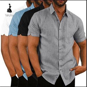 Chemises décontractées <span class=keywords><strong>de</strong></span> luxe pour hommes à manches courtes et col rabattu, en lin ample, avec poche poitrine, coloris noir, blanc, gris, bleu - Product Image 2