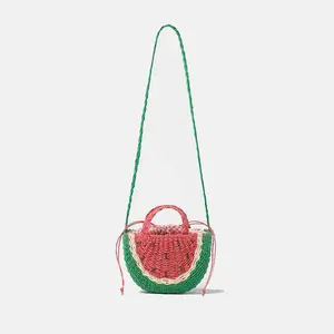 Crochet Beach Women's Mini Bags Fashion Beach Straw Purses For Ladies Watermelon Design Cute Crossbody Bags