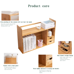 Étagère ouverte moderne en bambou à trois niveaux, support de rangement extensible pour bureau, classeur, magazines, CD, avec 2 tiroirs - Product Image 2