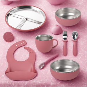 Non-Slip #304 <span class=keywords><strong>Stainless</strong></span> <span class=keywords><strong>Steel</strong></span> Silicone Baby Feeding Set Com Sucção Dividido Placa <span class=keywords><strong>Bowl</strong></span> Spoon Fork Bibs para Infantil - Product Image 1