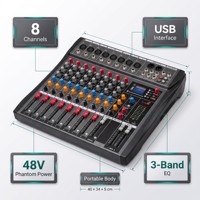 Console de mixage audio compacte 8 canaux avec lecture USB et Bluetooth pour spectacles en direct, conférences, équipement audio en gros