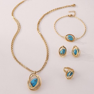 Mode Bleu <span class=keywords><strong>Turquoise</strong></span> Globe Pendentif Collier Boucles D'oreilles Ensemble Étanche En Acier Inoxydable PVD Plaqué Or Ensemble de Bijoux - Product Image 1