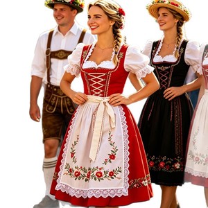 Beierse Oktoberfest rode traditionele <span class=keywords><strong>Dirndl</strong></span> jurk voor dames met bloemenborduurwerk kant elegante avondjurk OEM ODM - Product Image 5