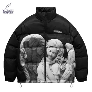 YuFan Personalizado Anjo Escultura Down Jacket Impressão Preta Quente Casaco Personalizado Logotipo Inverno Outerwear Ao Ar Livre Puffer Jacket