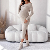 Robe longue en maille moulante à épaules dénudées et dos nu, coupe ajustée, manches longues, collection automne/hiver 2026, pour l'exportation, style européen et américain, vêtements de maternité
