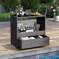 Chariot de service extérieur en osier, portable, avec grand espace de rangement, sur roulettes, pour jardin et barbecue