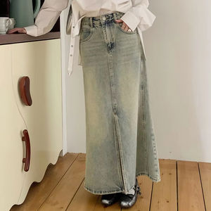 Jupe française à queue de poisson taille haute, robe rétro vintage pour femme âgée, pour le printemps, l'été, l'automne, l'hiver, décontractée, ample, en tissu denim - Product Image 2