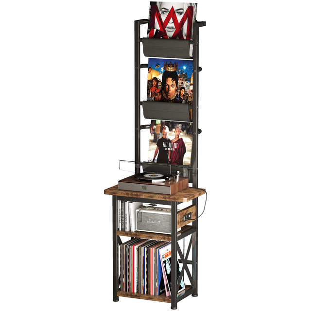 Record Player Stand with Power Outlet & USB Charging 6 Tier Vinyl Record Shelf Holding Up to 200 Albums Turntable Table