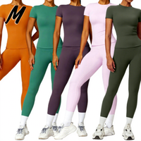 Ensemble Deux Pièces Femme: T-Shirt Printanier Nylon Haute Élastique Séchage Rapide, Haut de Fitness à Manches Courtes et Legging Vêtements de Yoga