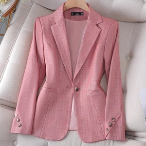 Pink Plaid Blazer For Women S Size Polyester Fabric Casual Workwear Top - Product Image 1