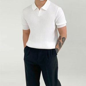 Moda Polo in maglia tinta unita a coste da uomo Slim Fit mezza manica top Tee estate temperamento Polo giovanile <span class=keywords><strong>abbigliamento</strong></span> - Product Image 1