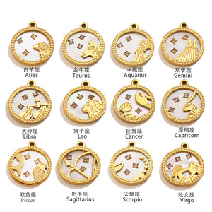 Pendentif rond en nacre blanche avec 12 signes du zodiaque, en acier inoxydable plaqué or 18 carats - Product Image 1