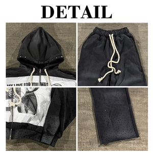 Custom Zip up Acid Wash Vintage Rhinestone Embroidery <b>Distressed</b> Patch Heavyweight Cotton Hoodie and Sweat Pants Tracksuits Men - Product Image 6