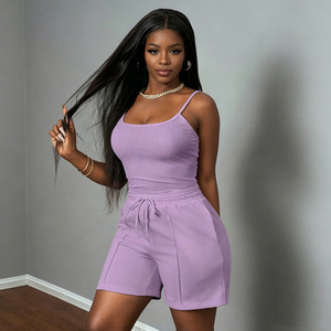 Ensemble 2 pièces pour femmes en tricot côtelé lavande, débardeur sans manches avec short à cordon de serrage, tenue décontractée pour le printemps et l'été - Product Image 4