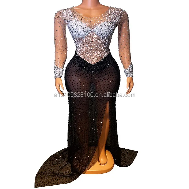 Saia longa de arrastar em pérolas, modelo de fenda alta, manga comprida, vestido para noite