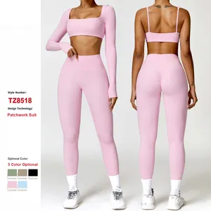 Desain baru bahan nilon pakaian aktif Gym celana Fitness baju olahraga legging pinggang tinggi Bra olahraga set latihan Yoga untuk wanita