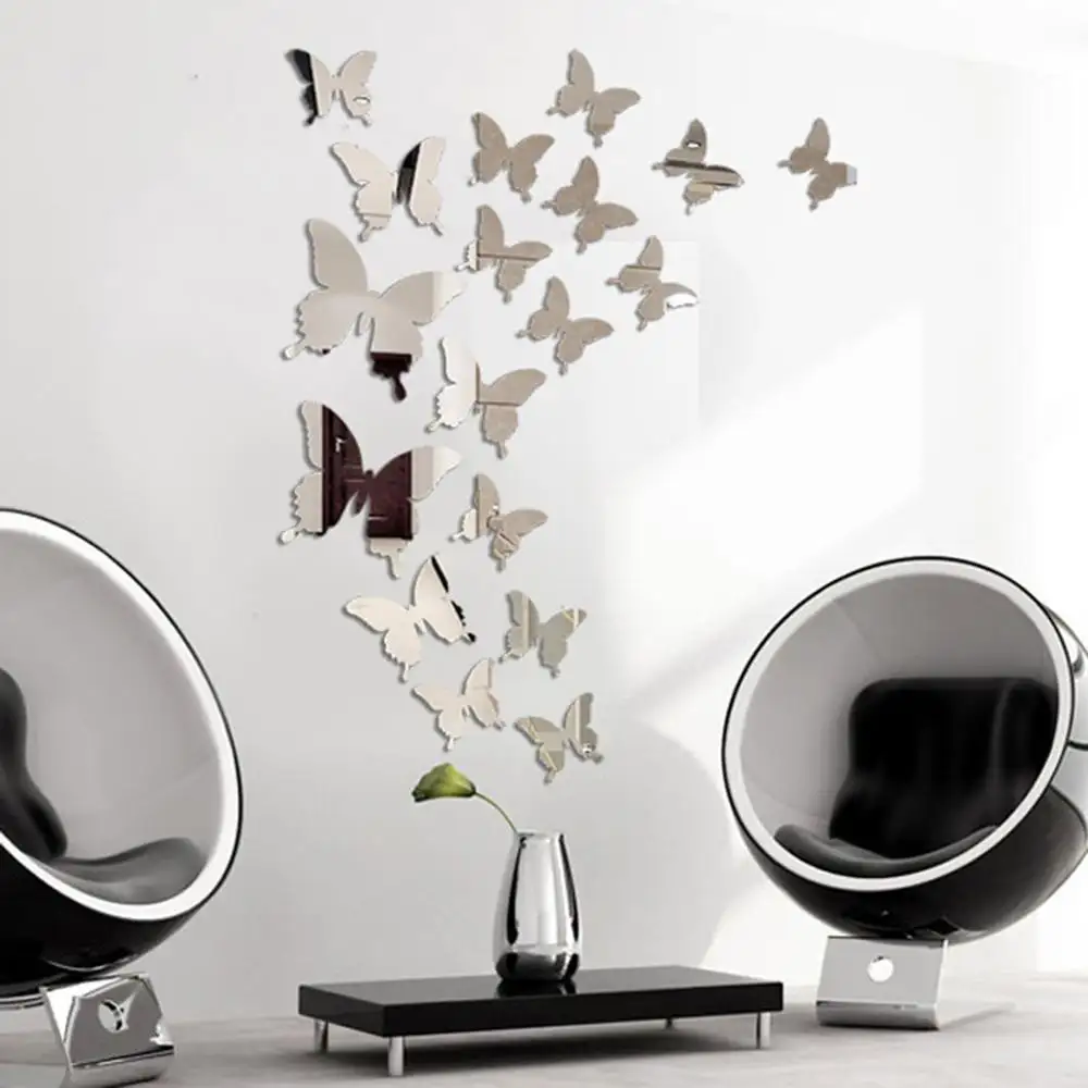 12Pcs/lot Art Removable Wedding Decoration Golden 3D Butterfly Acrylic Mirror Wall Sticker Adhesive Kids Room Background