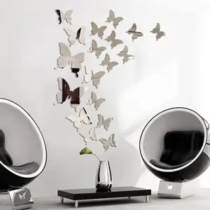 12 pièces/lot Art amovible décoration de mariage doré 3D papillon acrylique miroir autocollant mural adhésif enfants chambre fond