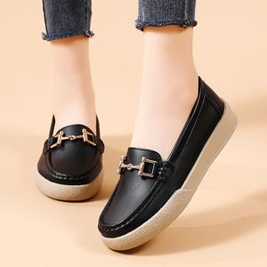 2025 Autumn New Versatile Shallow Mouth Flat Loafers for Women Slip-On Round Toe Metal Buckle <b>Soft</b> Leather Retro Women's <b>Shoes</b> - Product Image 5