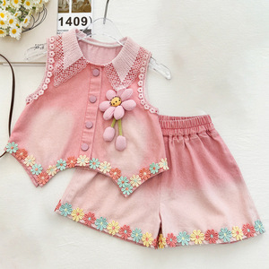Nuevo Conjunto de <span class=keywords><strong>Verano</strong></span> para Niñas, Chaleco Vaquero Degradado Dulce y Elegante con Pantalones Cortos para Bebés - Product Image 1