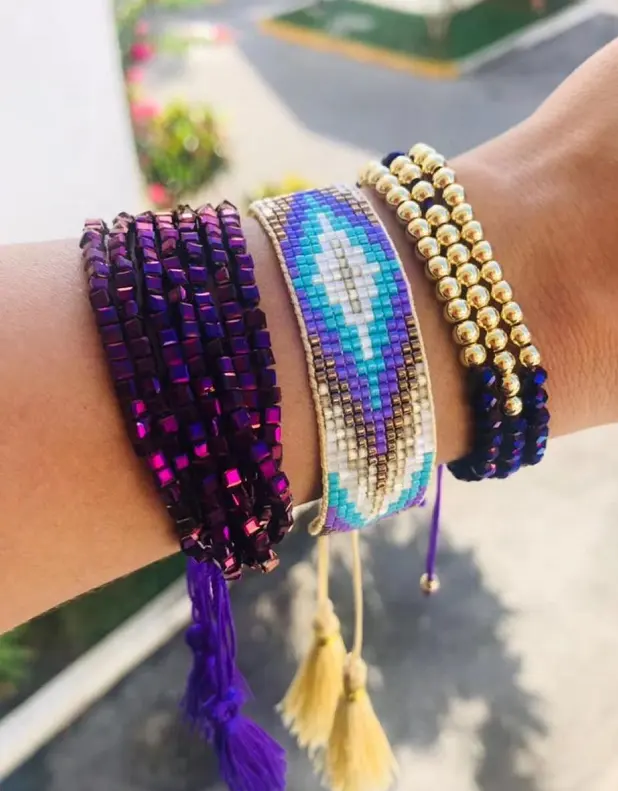 Misterioso bracciale a croce Miyuki viola bracciale con perline di rame con strass di cristallo viola lucido