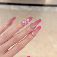 Faux ongles portables faits main de longueur moyenne, motif floral œil de chat rose, style Glam Girl, autocollants pour nail art, pointes d'ongles artificielles