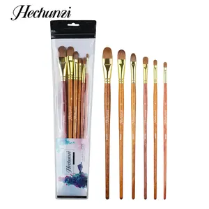 Art Supplier 6 Pieces Animal Hair Artist Paint Brushes For Oil Miniature Painting Weasel Hair Wooden long Handle Kit