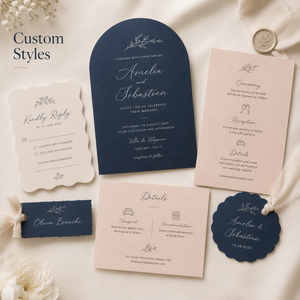 Suite d'invitations de mariage moderne bicolore personnalisée avec cartes découpées en forme d'arche et festonnées et motifs floraux simples en ligne - Product Image 2