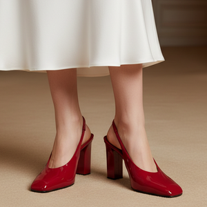 Sandales à talons hauts épais pour femmes, à bout carré, décontractées, à bride arrière, escarpins de bureau, chaussures découpées en cuir verni à bride arrière - Product Image 3