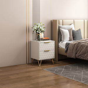 Nightstand With <b>2</b> <b>Drawers</b> Gold Legs 3D Embossed Design Modern Bedroom <b>Storage</b> Cabinet For Bedside Use - Product Image 3