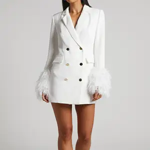 奢华时尚设计服装高品质定制v领优雅休闲长袖白色运动夹克羽毛迷你女装