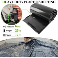 Bâche plastique 6 mil 10 pi x 25 pi, polyéthylène noir robuste, imperméable, barrière anti-mauvaises herbes, protection UV