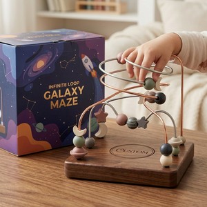 Gioco Educativo Montessori Personalizzato in Legno, Labirinto di Perline Galattico con Pianeti, Stelle e Luna, Confezione Regalo OEM - Product Image 4