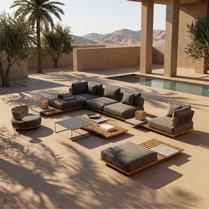 Ensemble <span class=keywords><strong>de</strong></span> canapés modulaires d'extérieur en teck massif <span class=keywords><strong>de</strong></span> luxe avec dossier tressé - Product Image 2
