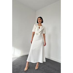 Robe de soirée midi blanche en gros avec détail nœud élégant - Product Image 3