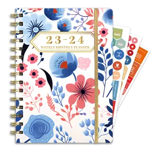 2024 Planner Notebook 12か月の毎週の月間Plannerスパイラルバインディング、マーク付きタブ、厚紙、カレンダー、弾性クロージャー