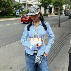 Camisa de manga larga a rayas azules para mujer, diseño con espalda descubierta y lazo en la cintura, botones frontales, blusa informal tipo cárdigan, top de moda - Product Image 5