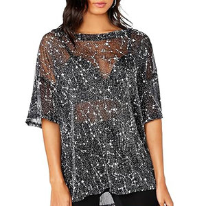 OEM personnalisé femmes paillettes pure sexe T-shirts coupe ample brillant argent Sequin voir à travers les manches courtes <span class=keywords><strong>haut</strong></span> en maille t-shirt - Product Image 6