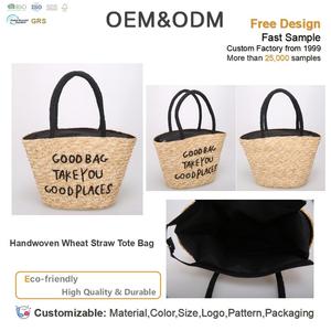 Bolso de paja de trigo tejido a mano con bordado de letras, asas acolchadas negras, cierre de cremallera y forro para mujer, ideal para playa, viajes y uso diario. - Product Image 2